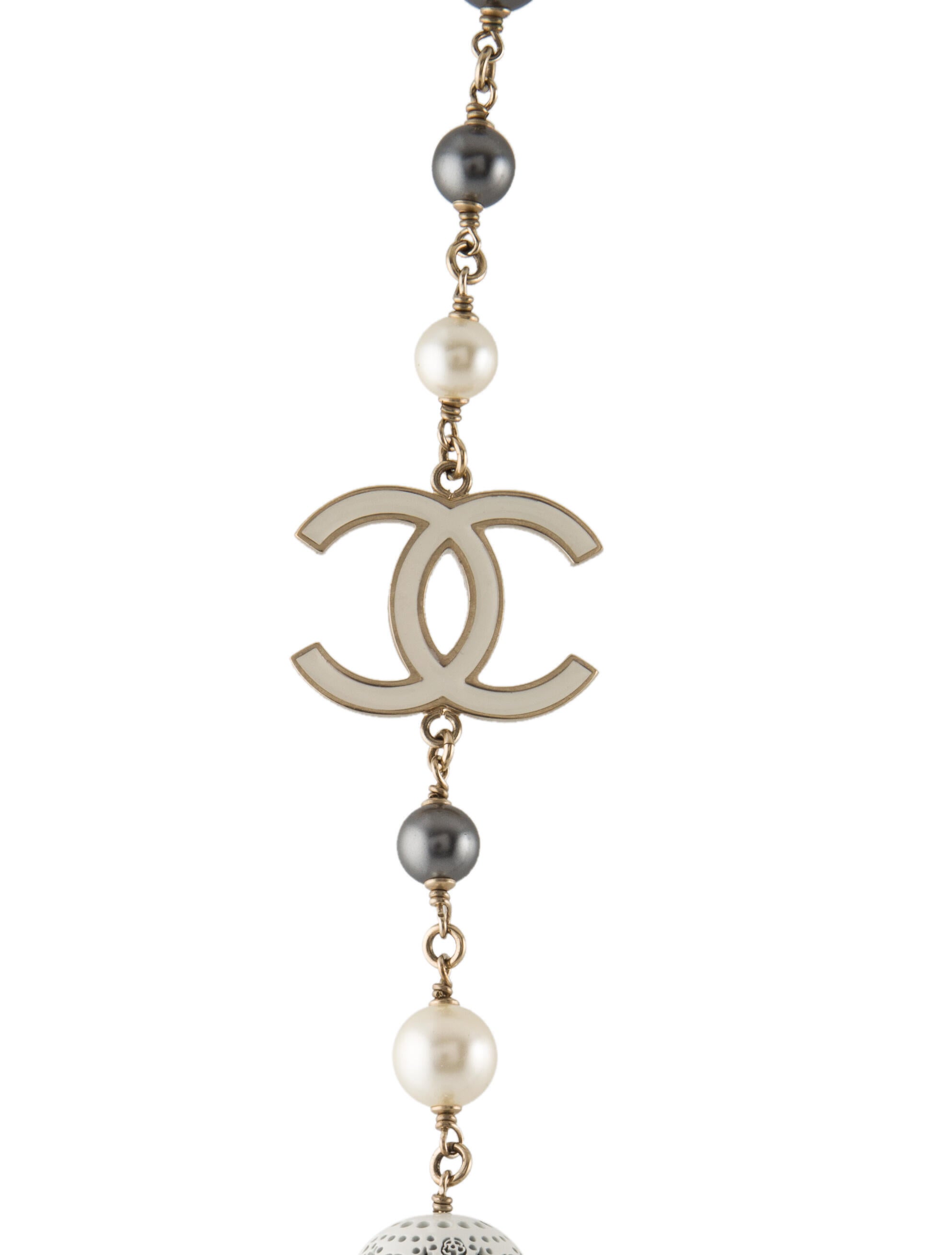 Chanel Vintage Faux Pearl Logo Bead Strand Necklace White, Gold