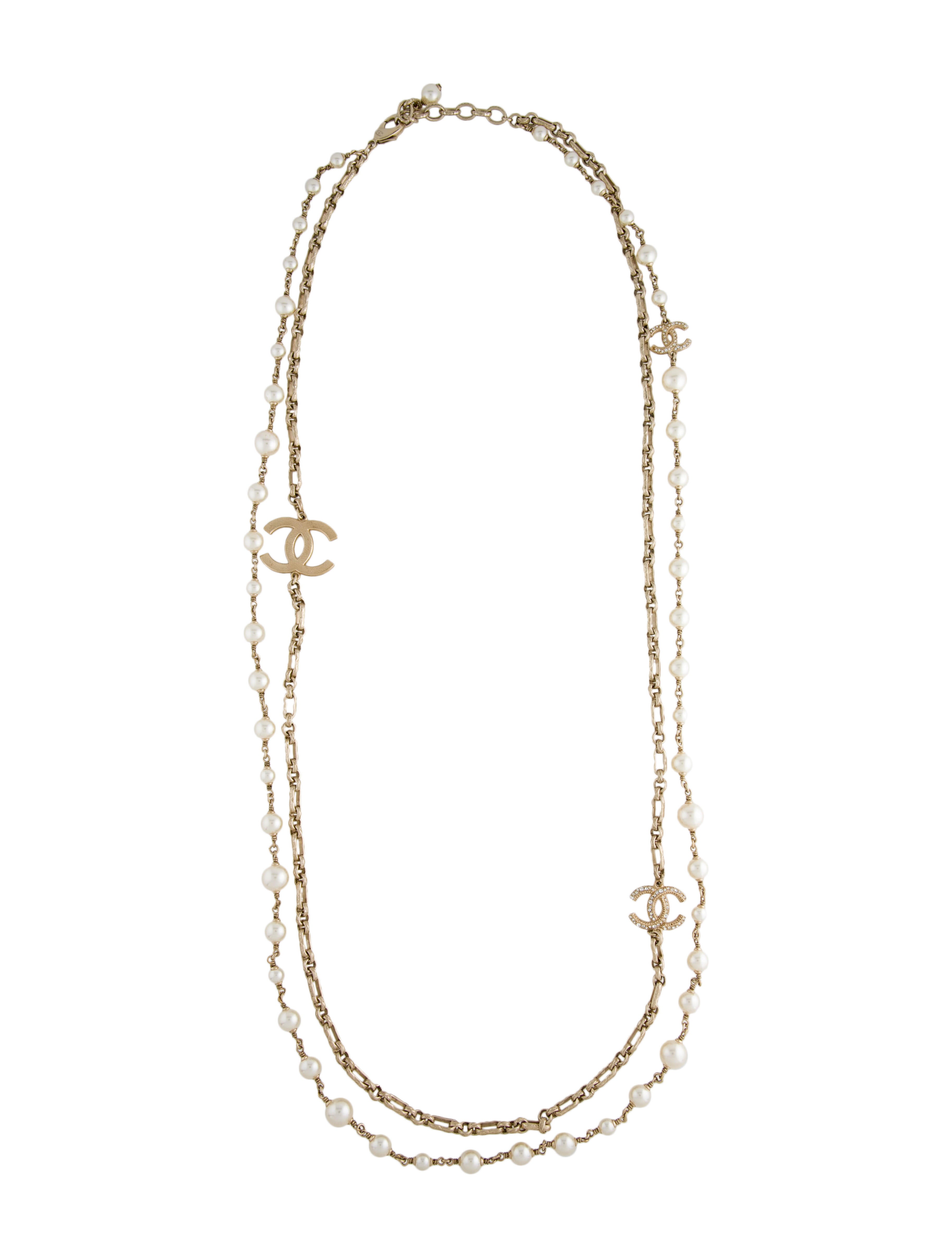 Chanel Faux Pearl & Strass CC Double Strand Station Necklace Gold