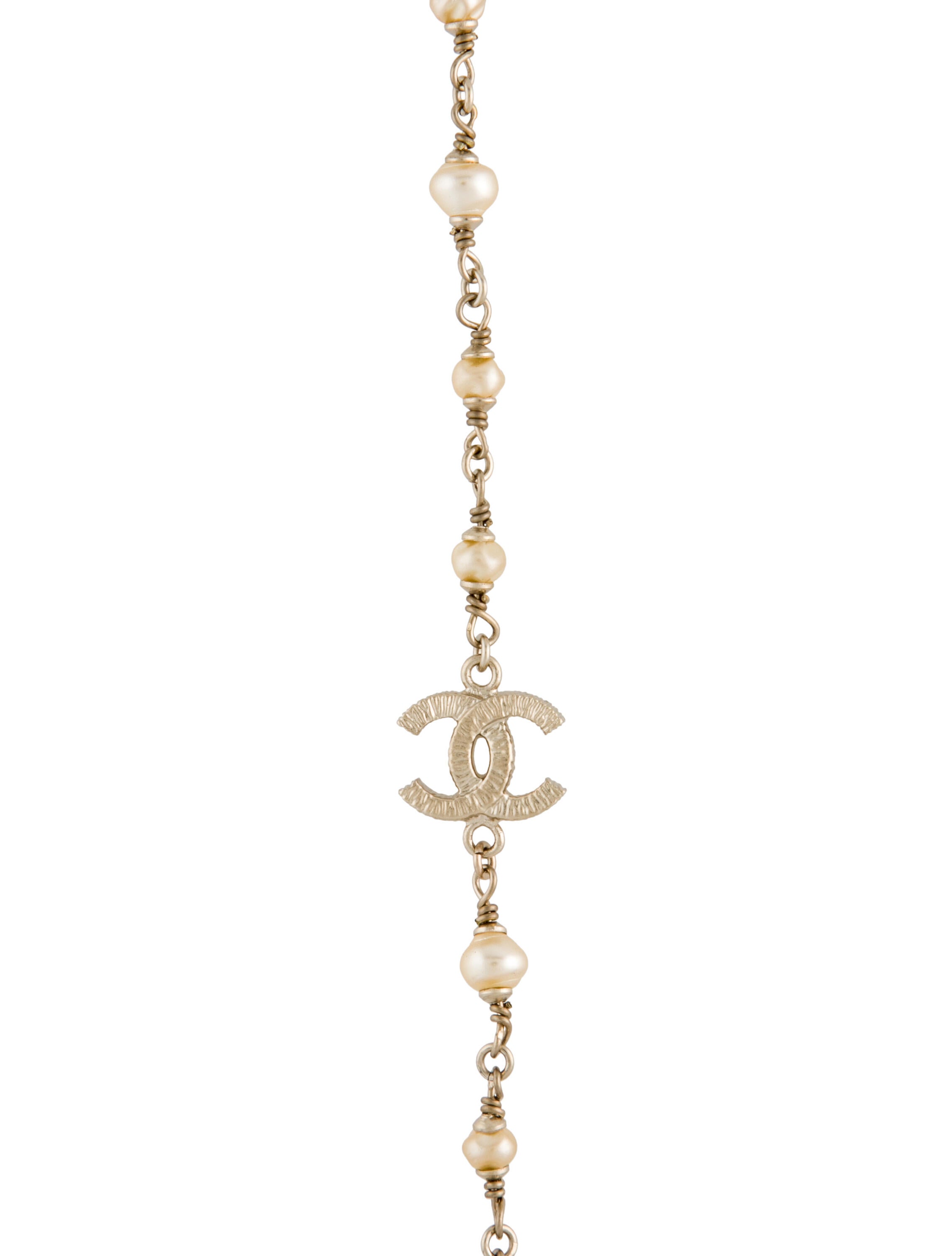 Chanel Faux Pearl CC Logo Station Necklace GoldPlated Bead Strand