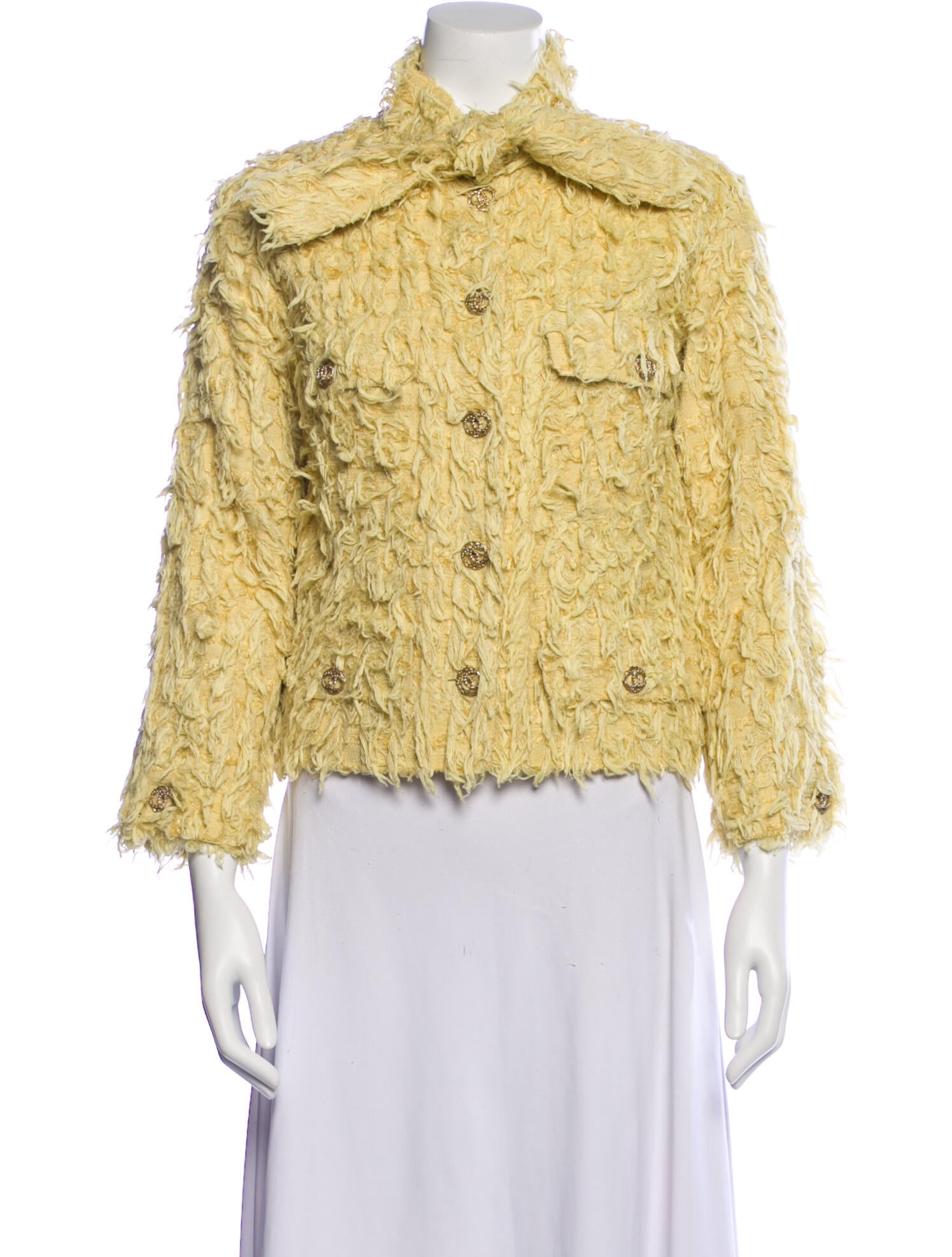 Chanel 2021 Tweed Pattern Faux Fur Jacket w/ Tags Yellow Jackets