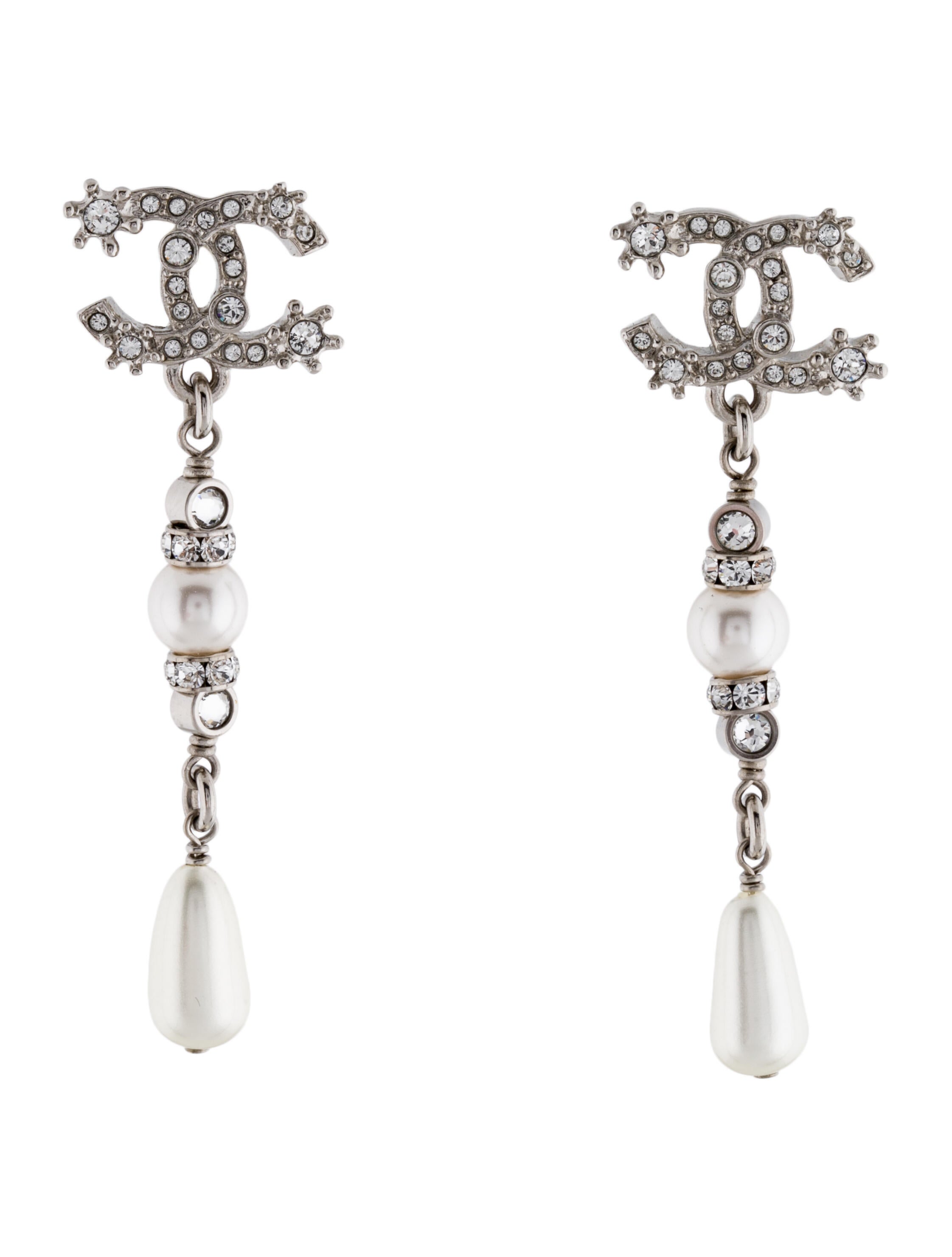 Chanel 2023 Strass & Faux Pearl Drop Earrings PalladiumPlated Drop