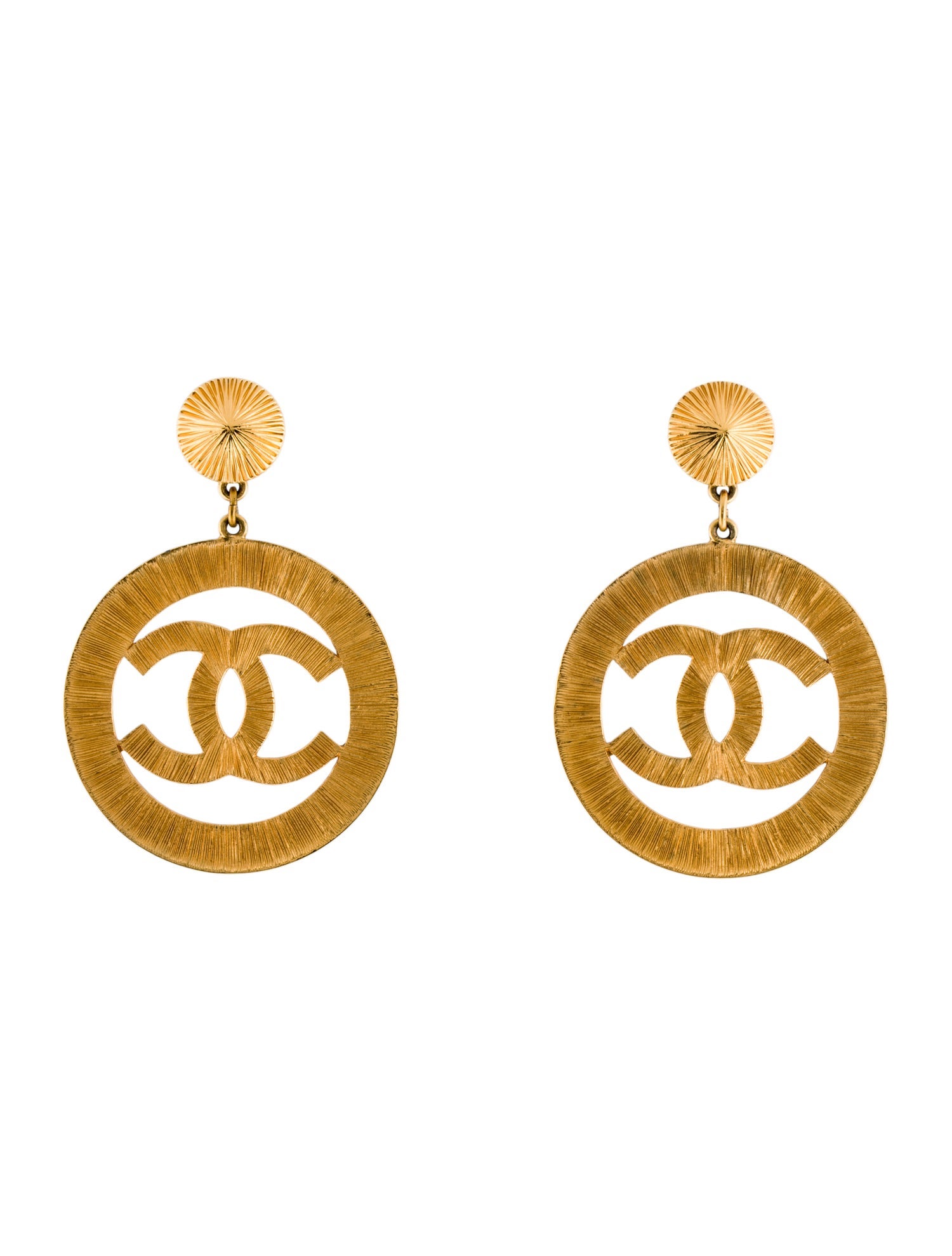 Chanel Vintage Large Sunburst CC Drop ClipOn Earrings GoldPlated