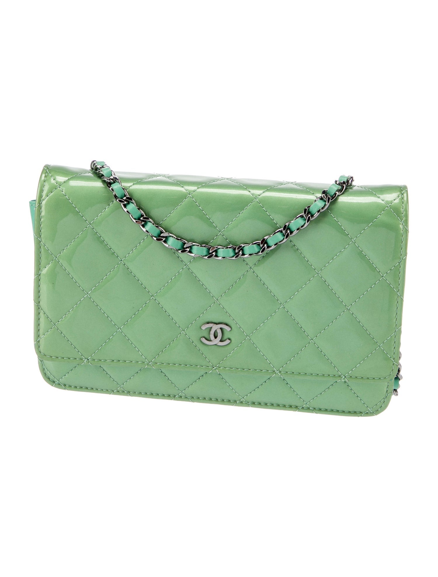 Chanel Patent Classic Wallet On Chain Green Crossbody Bags, Handbags