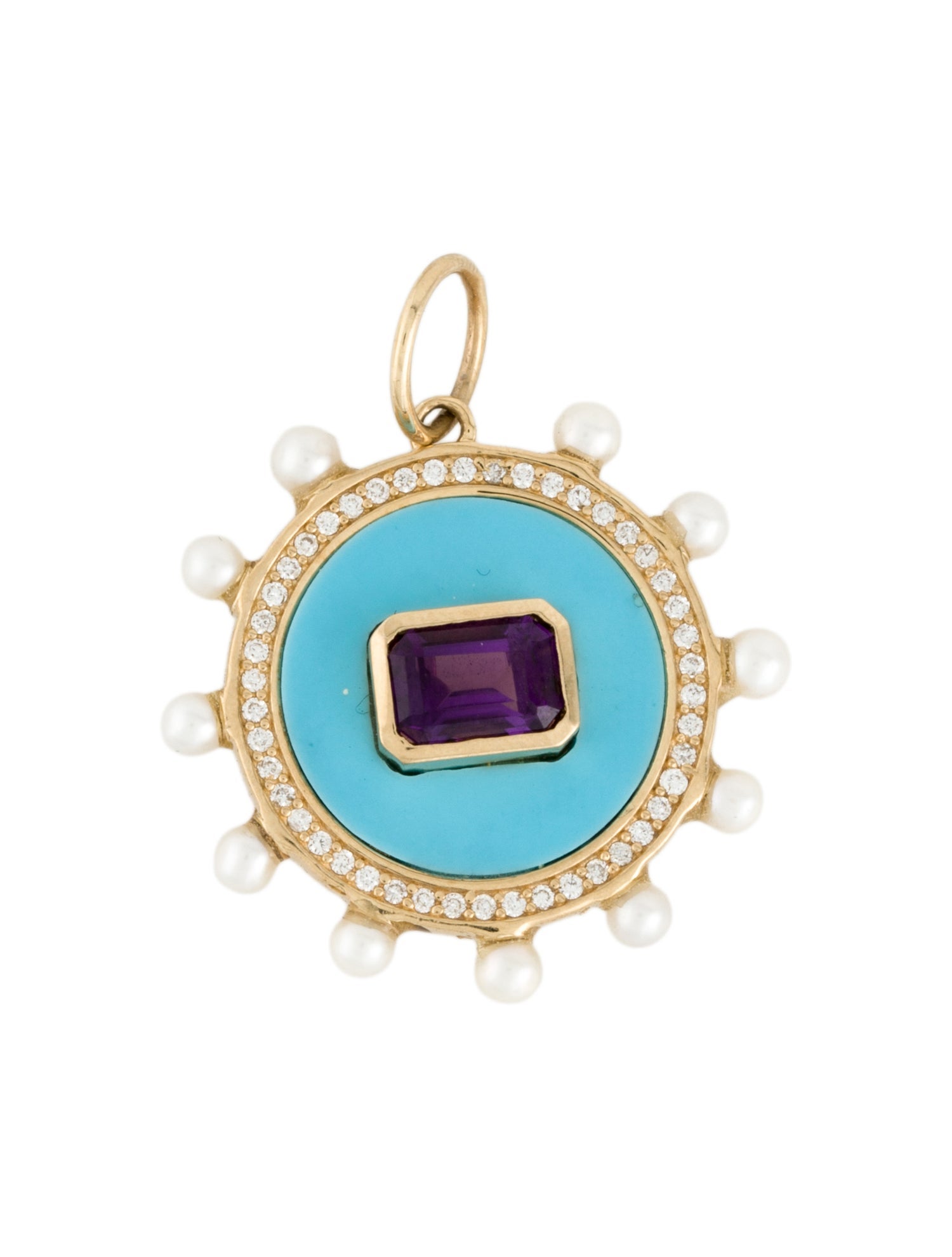 Charm 14K Pearl, Diamond & Amethyst Circle Pendant Charm