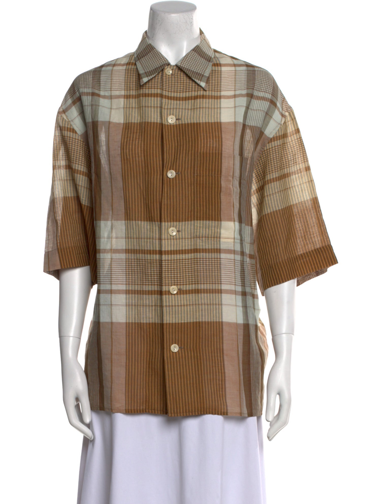 Lemaire Plaid Print Three-Quarter Sleeve Button-Up Top