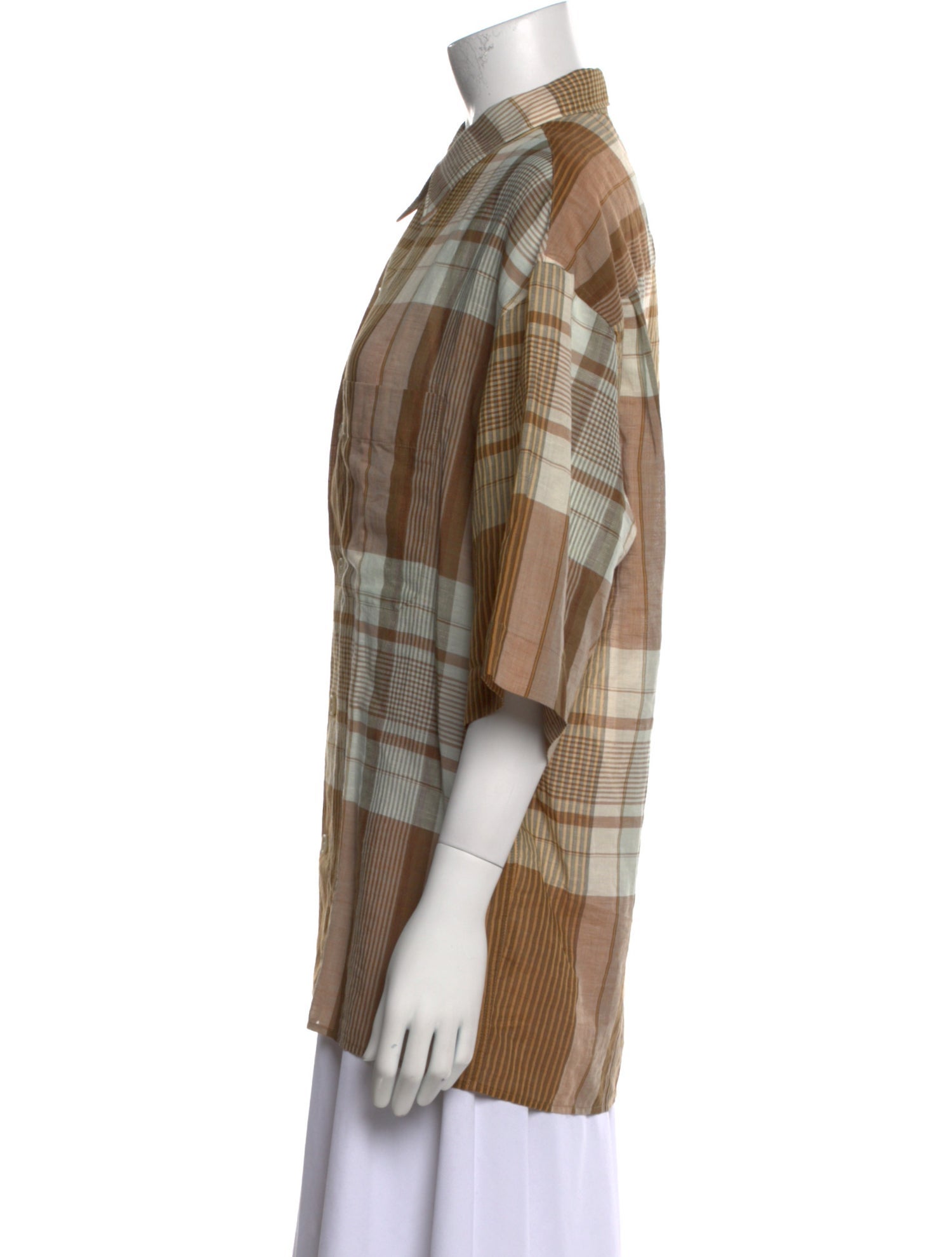 Lemaire Plaid Print Three-Quarter Sleeve Button-Up Top