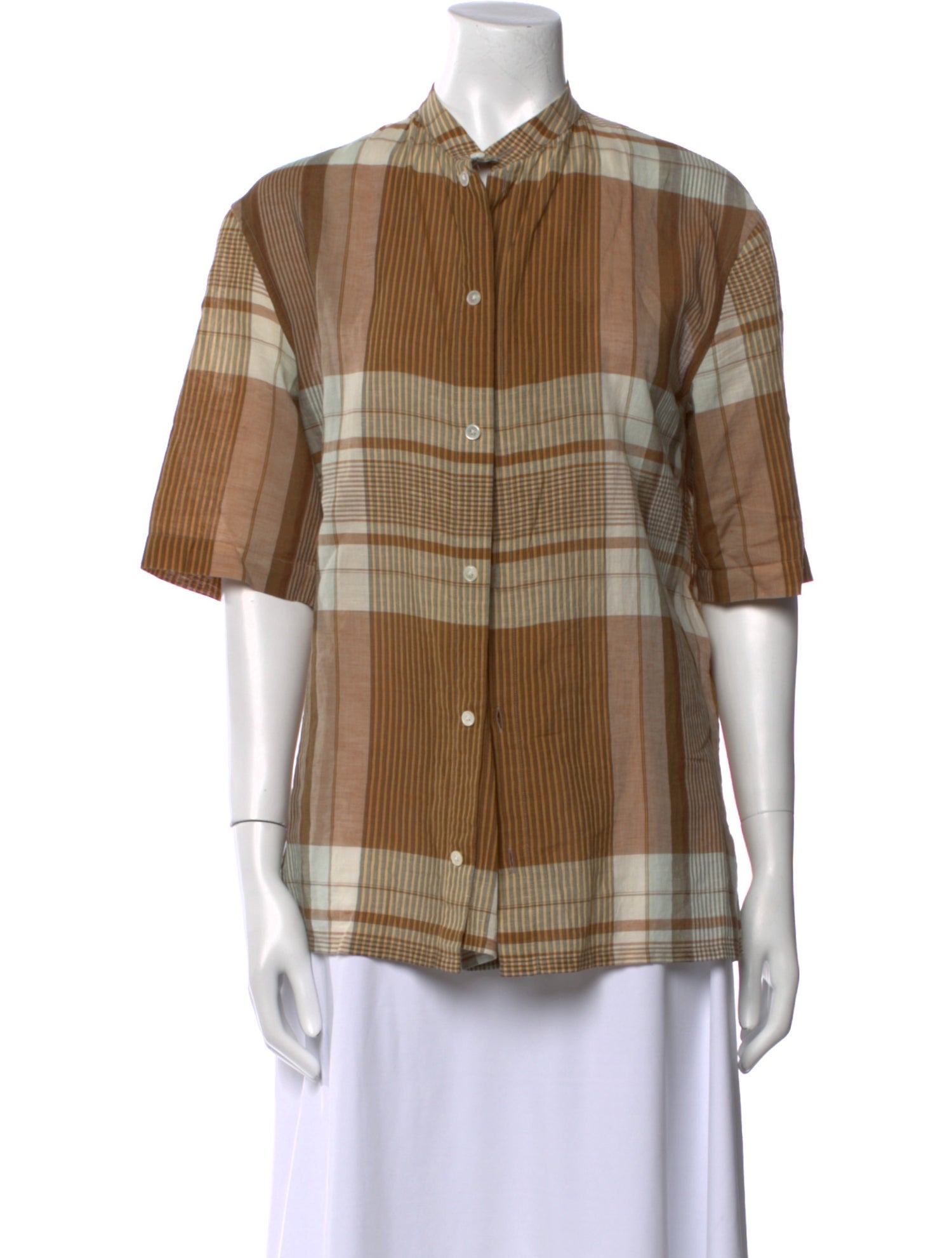 Lemaire Plaid Print Three-Quarter Sleeve Button-Up Top