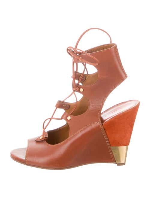 Chloé Leather Lace-Up Wedges Cognac