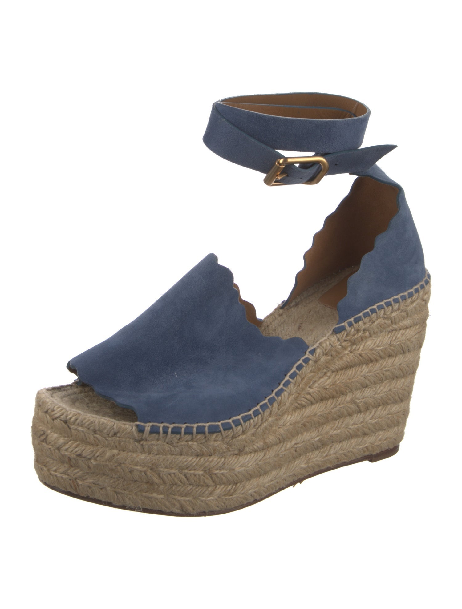 scalloped suede sandals