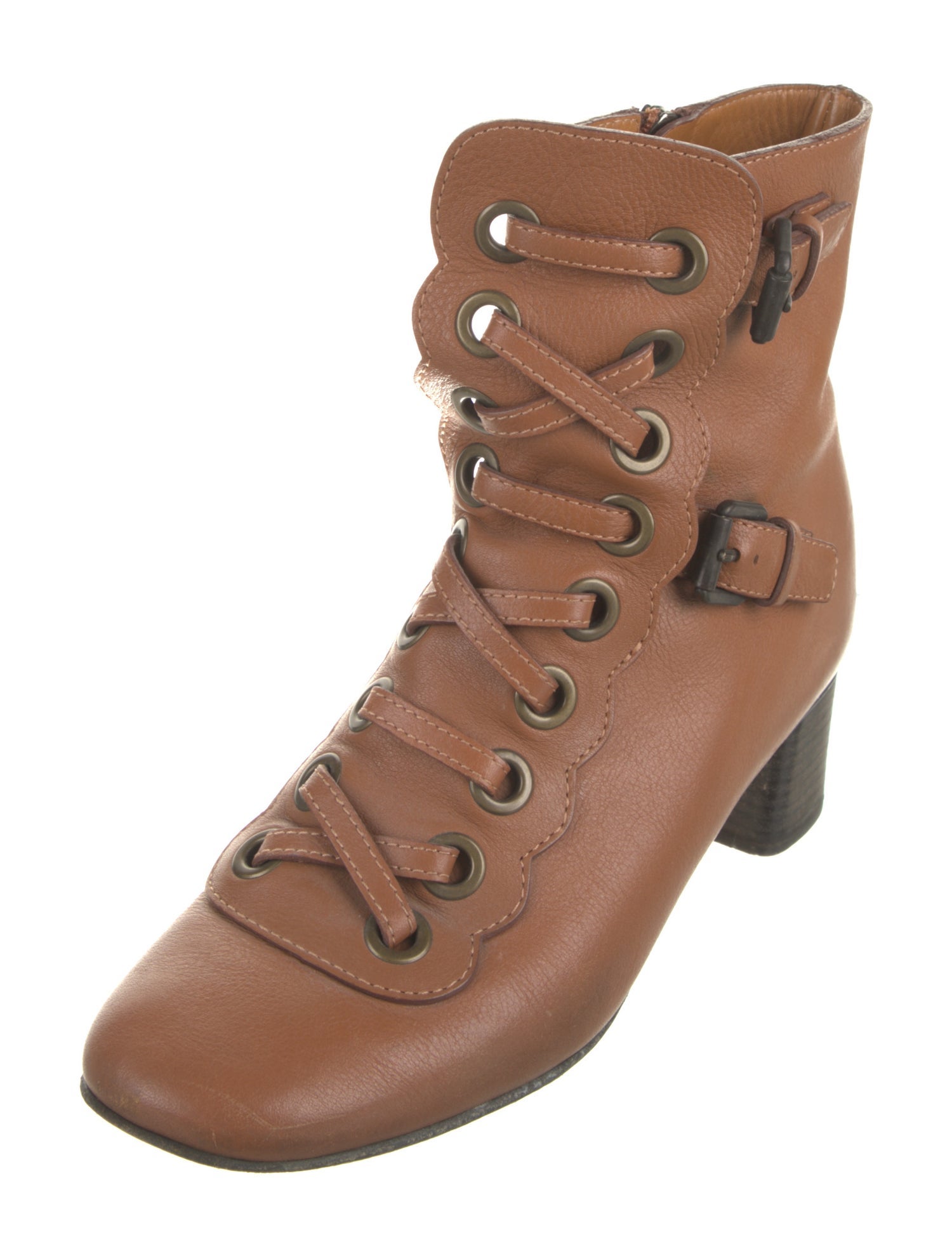 Chloé Leather Scalloped Accent Lace-Up Boots