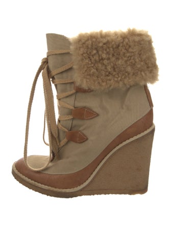 Chloé Canvas Fur Trim Lace-Up Boots