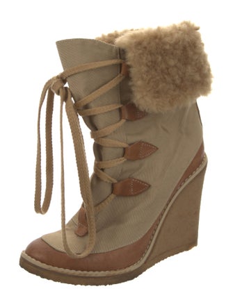 Chloé Canvas Fur Trim Lace-Up Boots
