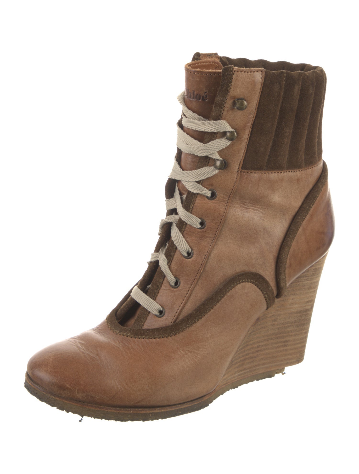 Chloé Leather Colorblock Pattern Lace-Up Boots