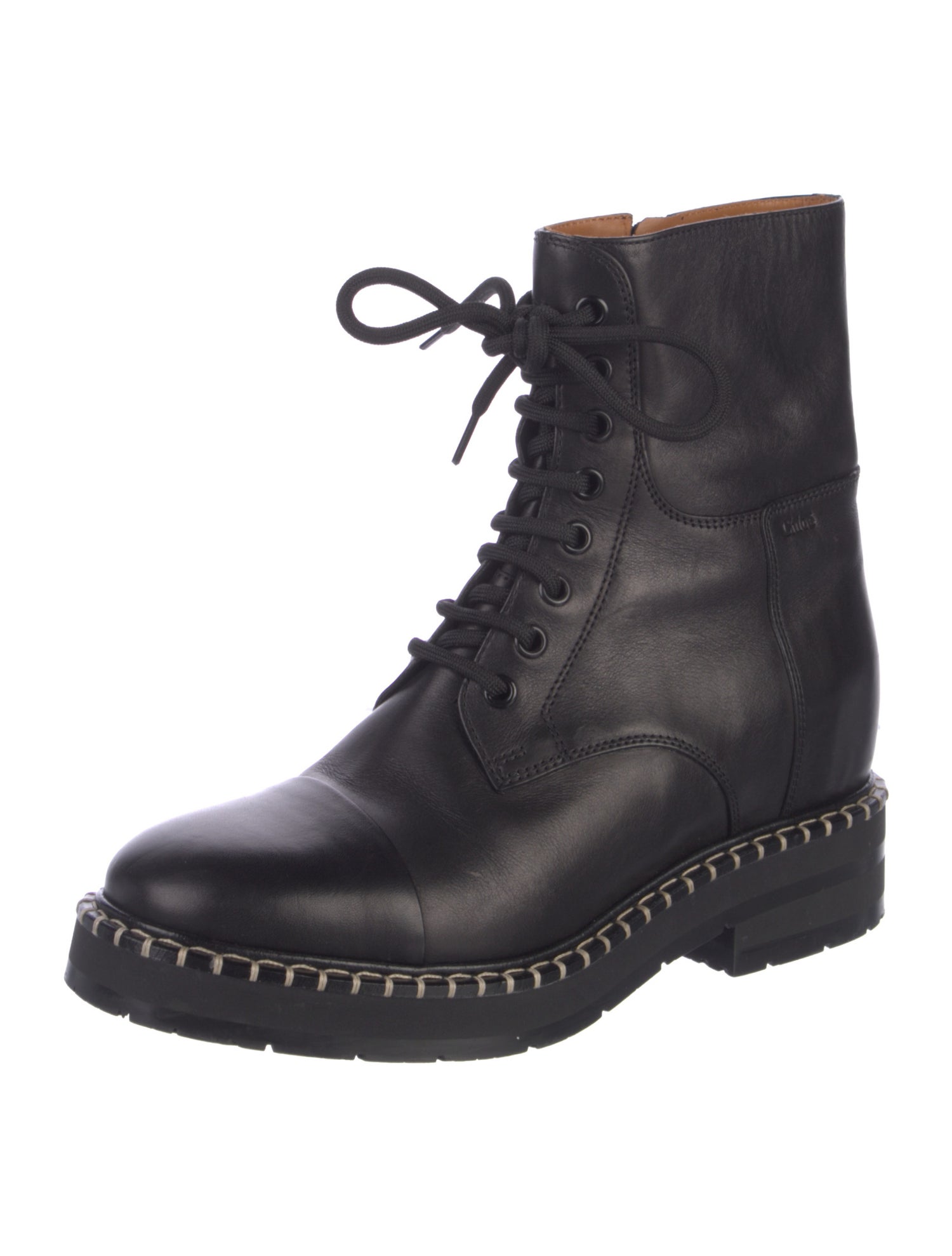 Chloé Leather Embroidered Accent Combat Boots