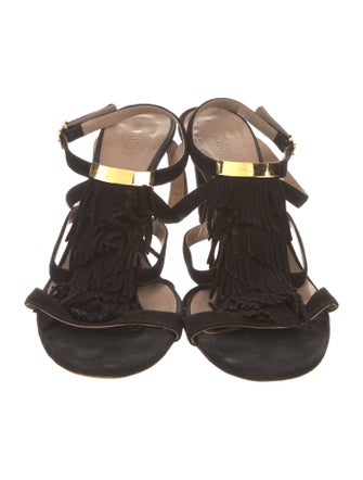 Chloé Suede Fringe Trim Accent T-Strap Sandals