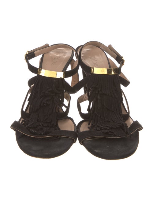 Chloé Suede Fringe Trim Accent T-Strap Sandals