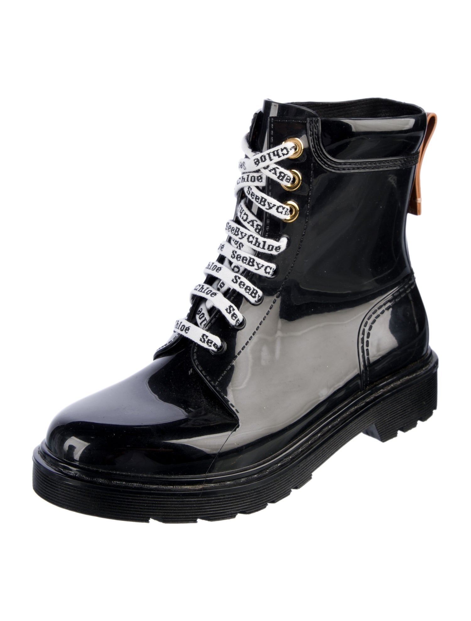 See by Chloé Rubber Leather Trim Embellishment Rain Boots