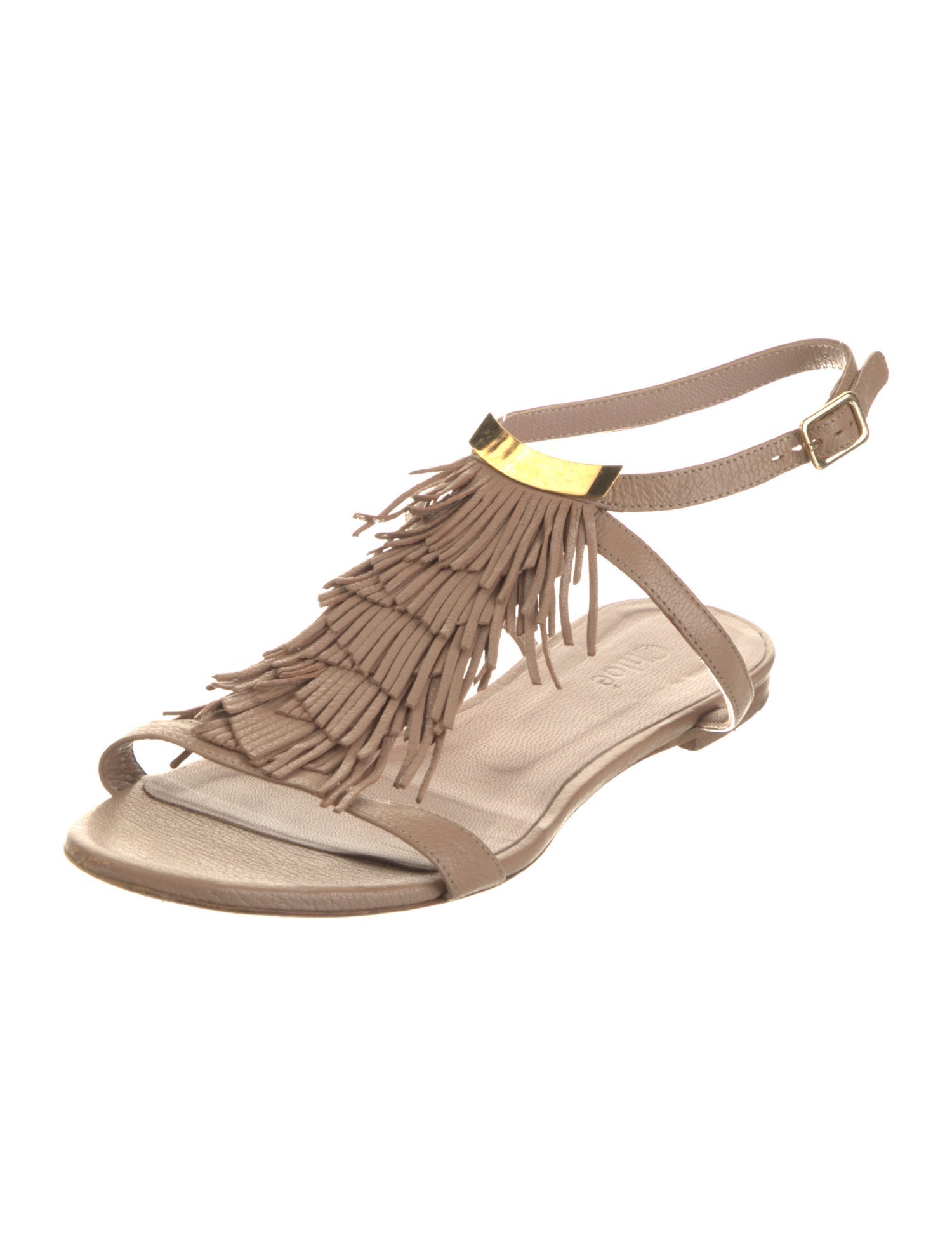 Chloé Leather Fringe Trim Accent T-Strap Sandals
