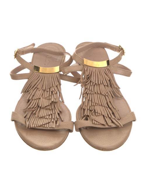 Chloé Leather Fringe Trim Accent T-Strap Sandals