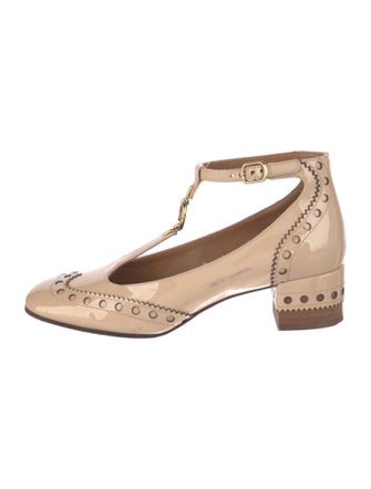 Chloé Patent Leather Lasercut Accents T-Strap Pumps