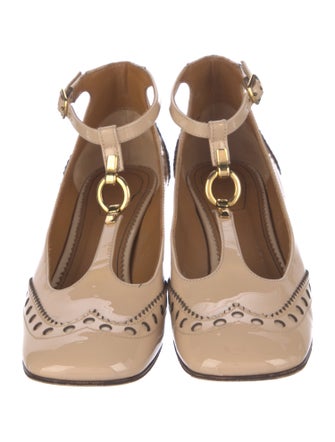 Chloé Patent Leather Lasercut Accents T-Strap Pumps