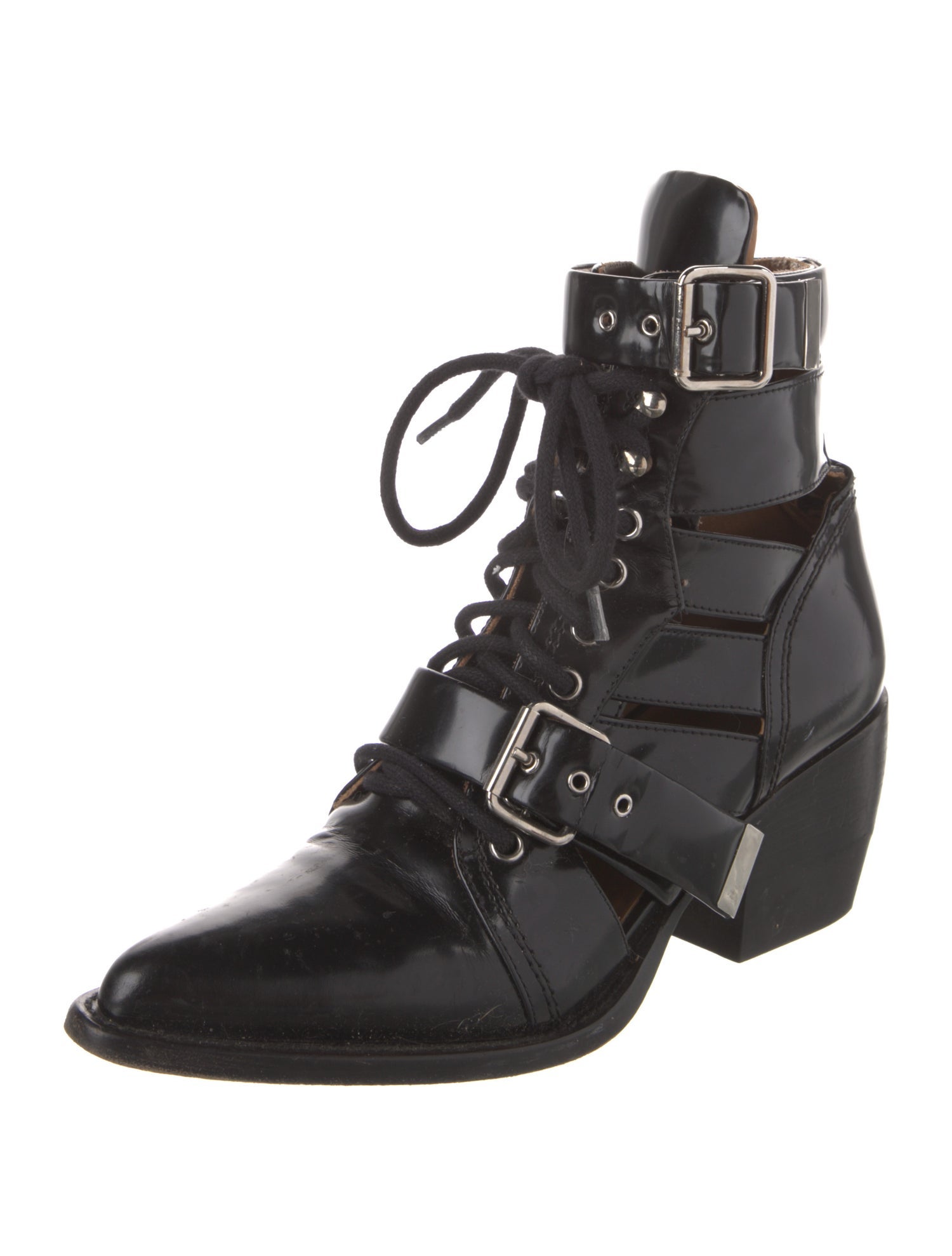 Chloé Patent Leather Cutout Accent Lace-Up Boots