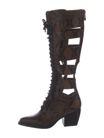 Chloé Embossed Leather Animal Print Lace-Up Boots