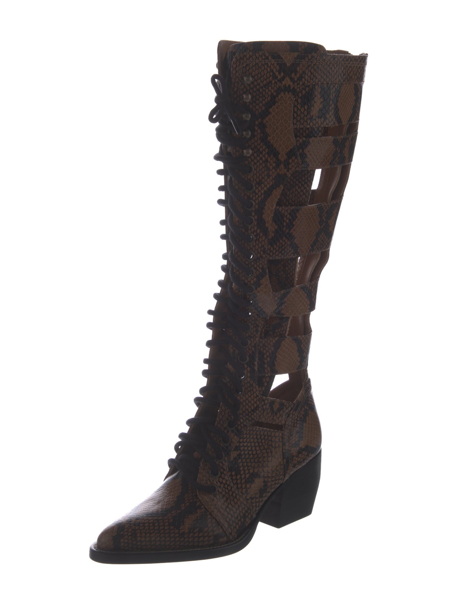 Chloé Embossed Leather Animal Print Lace-Up Boots