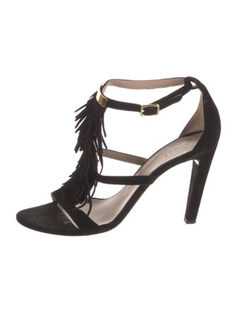 Chloé Suede Fringe Trim Accent T-Strap Sandals