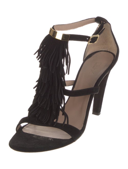 Chloé Suede Fringe Trim Accent T-Strap Sandals