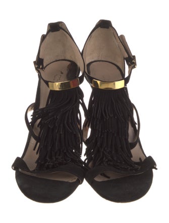 Chloé Suede Fringe Trim Accent T-Strap Sandals