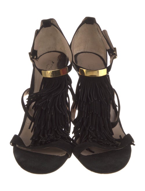 Chloé Suede Fringe Trim Accent T-Strap Sandals