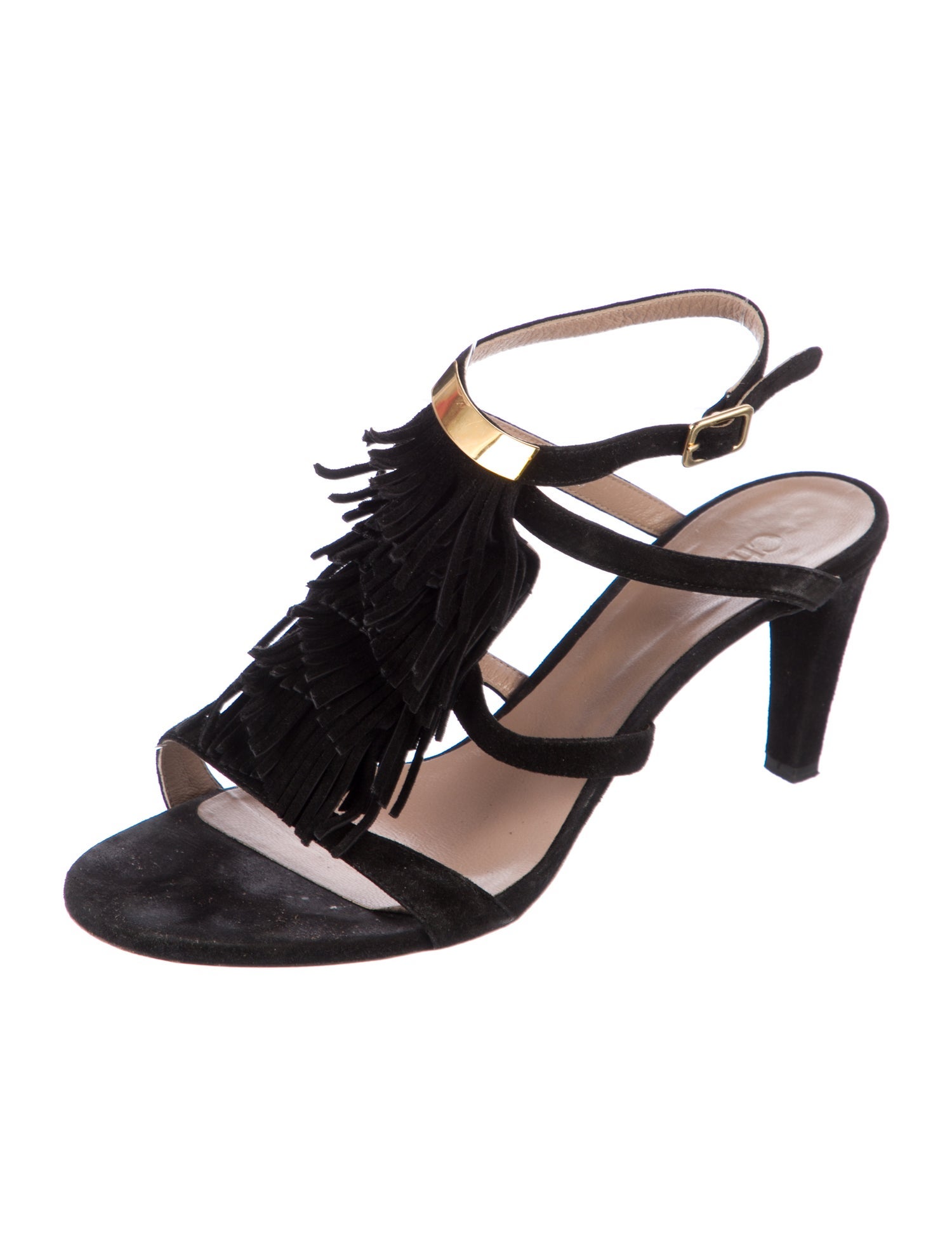 Chloé Suede Fringe Trim Accent T-Strap Sandals
