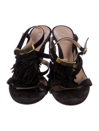 Chloé Suede Fringe Trim Accent T-Strap Sandals