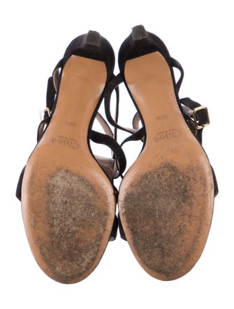 Chloé Suede Fringe Trim Accent T-Strap Sandals