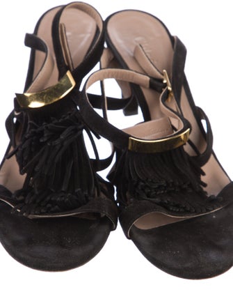 Chloé Suede Fringe Trim Accent T-Strap Sandals