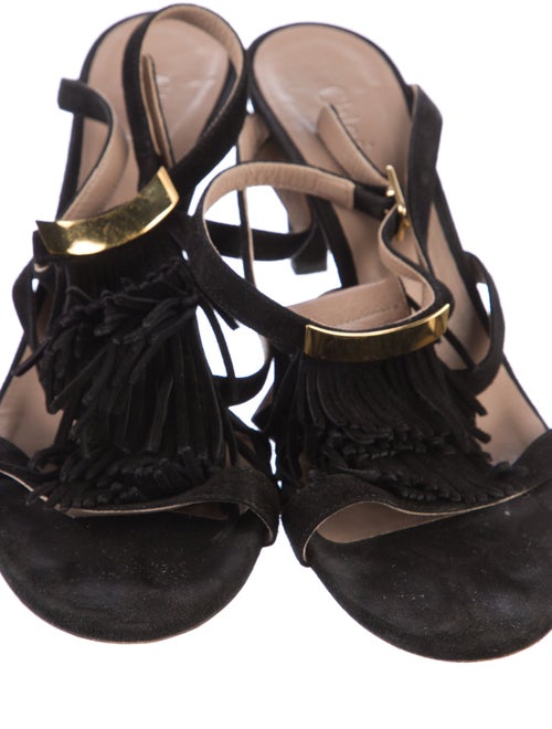 Chloé Suede Fringe Trim Accent T-Strap Sandals