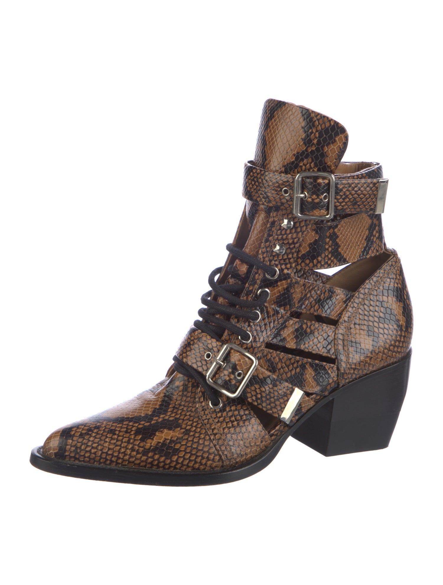 Chloé Embossed Leather Animal Print Lace-Up Boots