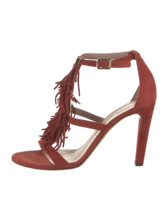 Chloé Suede Fringe Trim Accent T-Strap Sandals