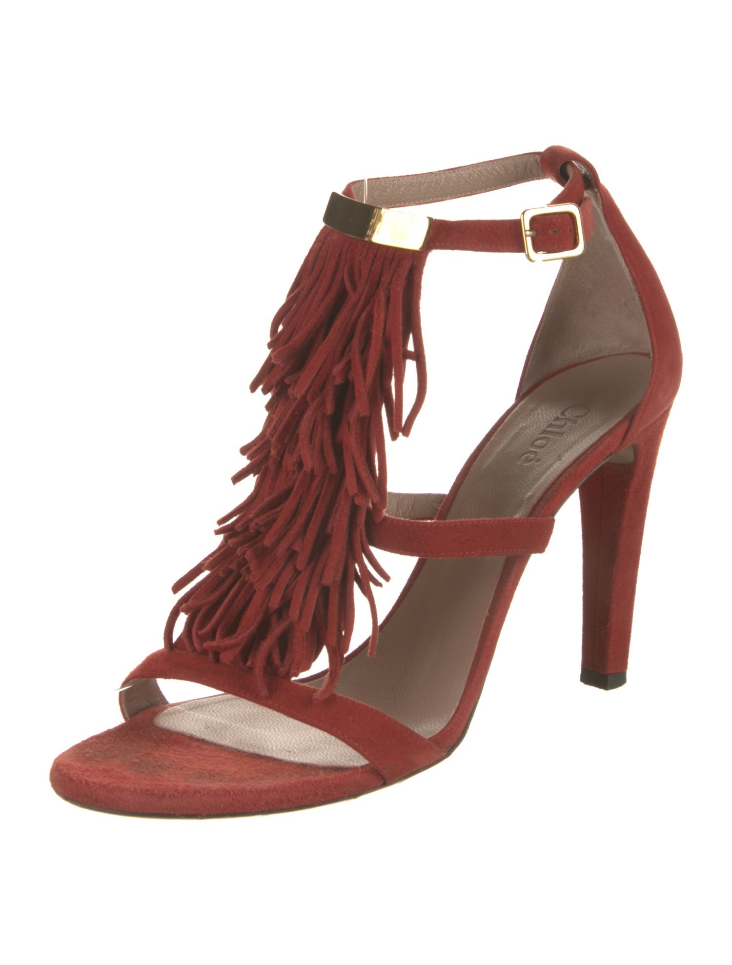 Chloé Suede Fringe Trim Accent T-Strap Sandals