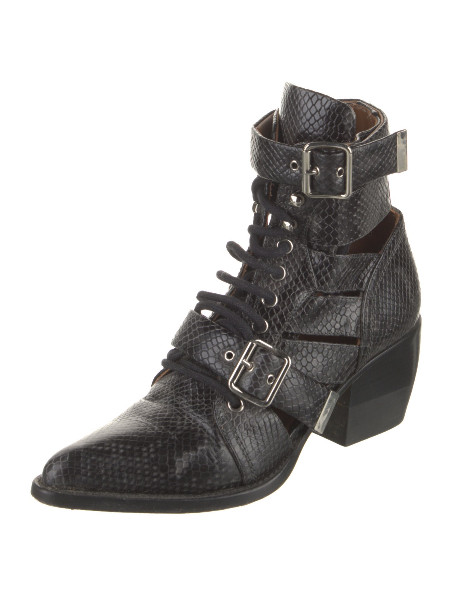Chloé Embossed Leather Cutout Accent Lace-Up Boots