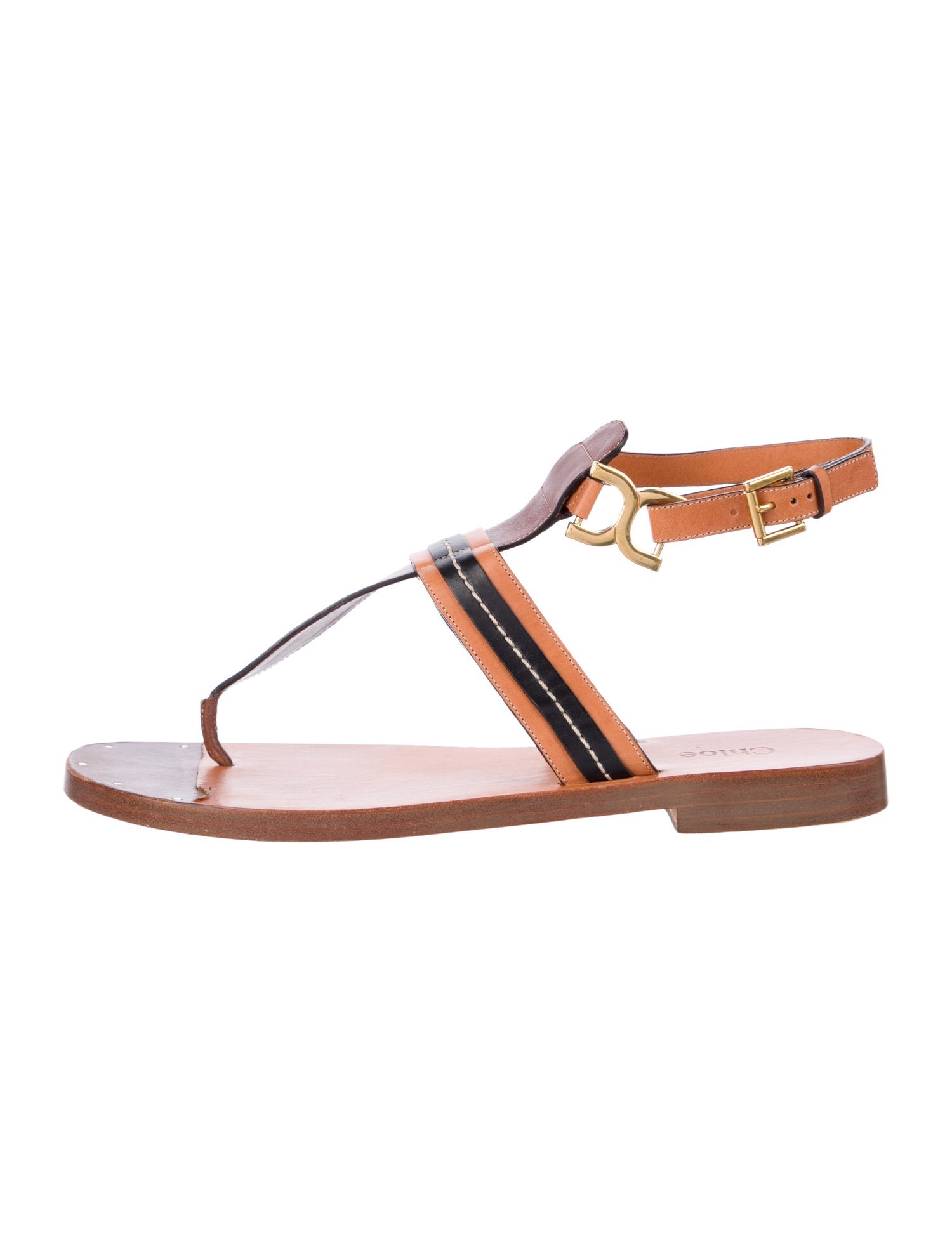 Chloé Leather Striped T-Strap Sandals