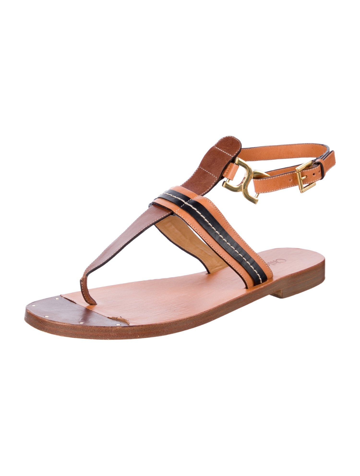 Chloé Leather Striped T-Strap Sandals
