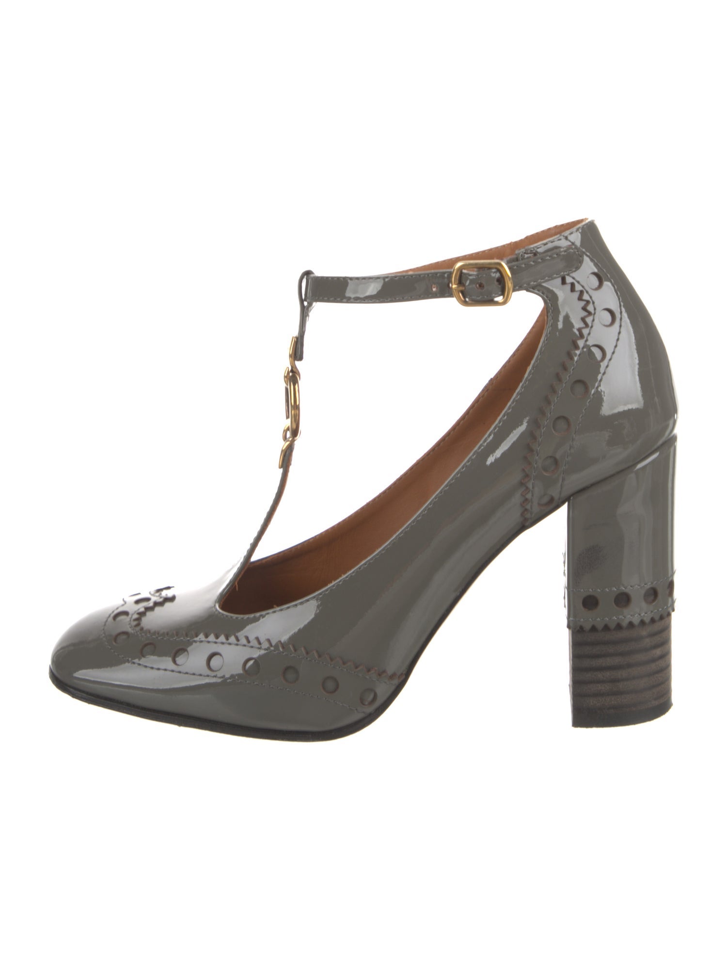 Chloé Patent Leather Lasercut Accents T-Strap Pumps