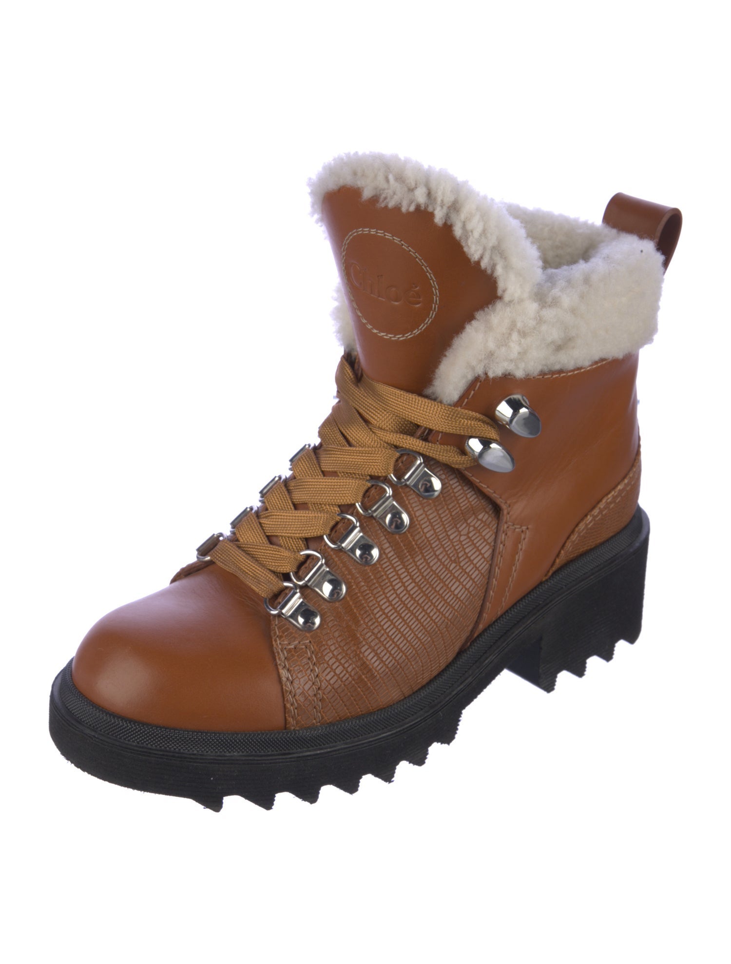 Chloé Leather Fur Trim Lace-Up Boots
