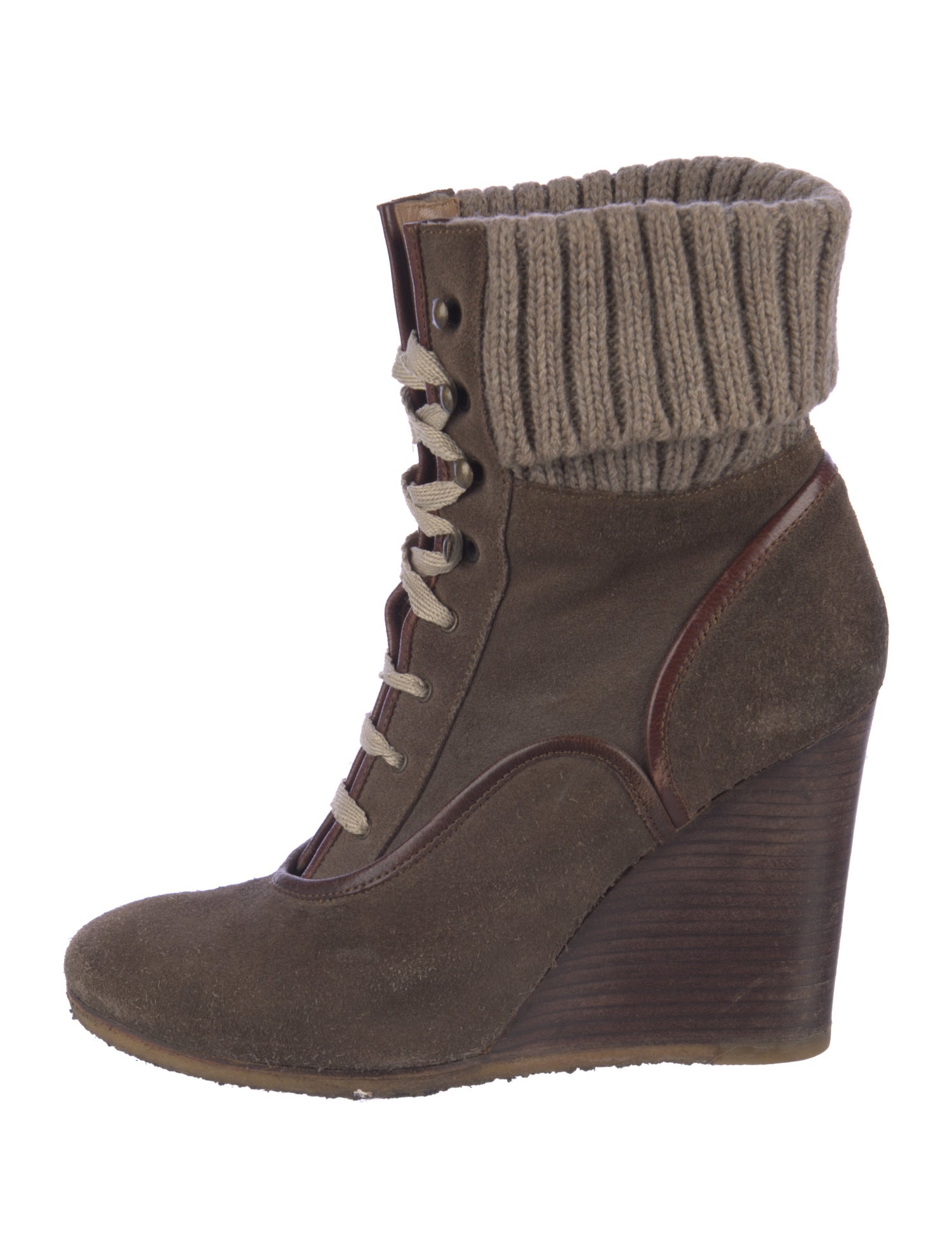 Chloé Suede Leather Trim Embellishment Lace-Up Boots