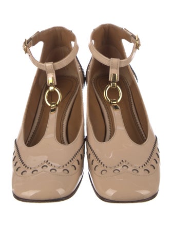 Chloé Patent Leather Lasercut Accents T-Strap Pumps