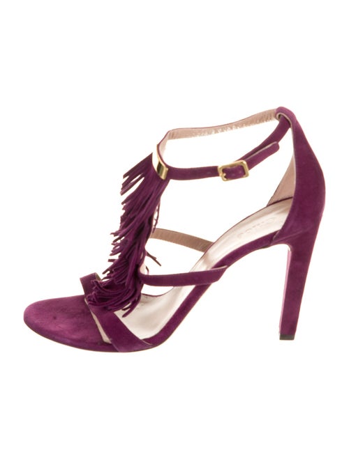 Chloé Suede Fringe Trim Accent T-Strap Sandals