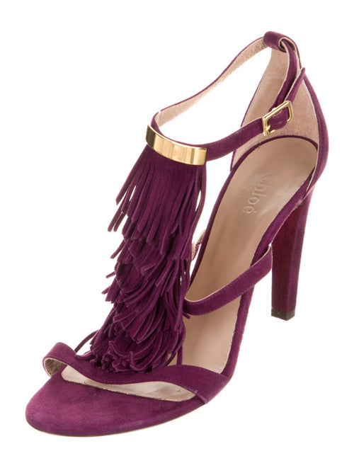Chloé Suede Fringe Trim Accent T-Strap Sandals