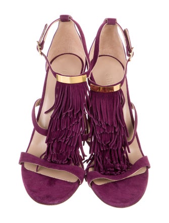 Chloé Suede Fringe Trim Accent T-Strap Sandals